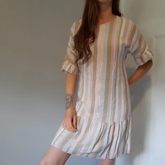 Peach and gold cotton ruffle sleeve dress - Picture 7 of 7